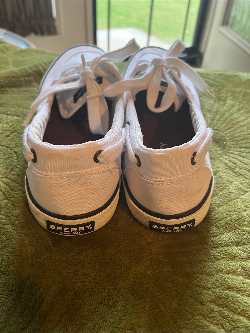 Sperry White Canvas Lace-Up Boat Sneakers with Navy Trim - Picture 3 of 5